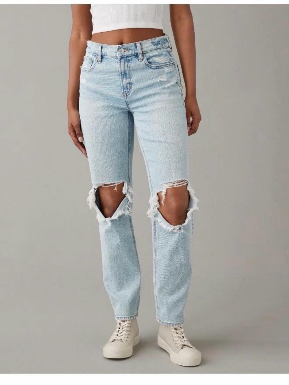 American Eagle Super High Rise Ripped Ankle Straight Jeans 12 Skylight NWT